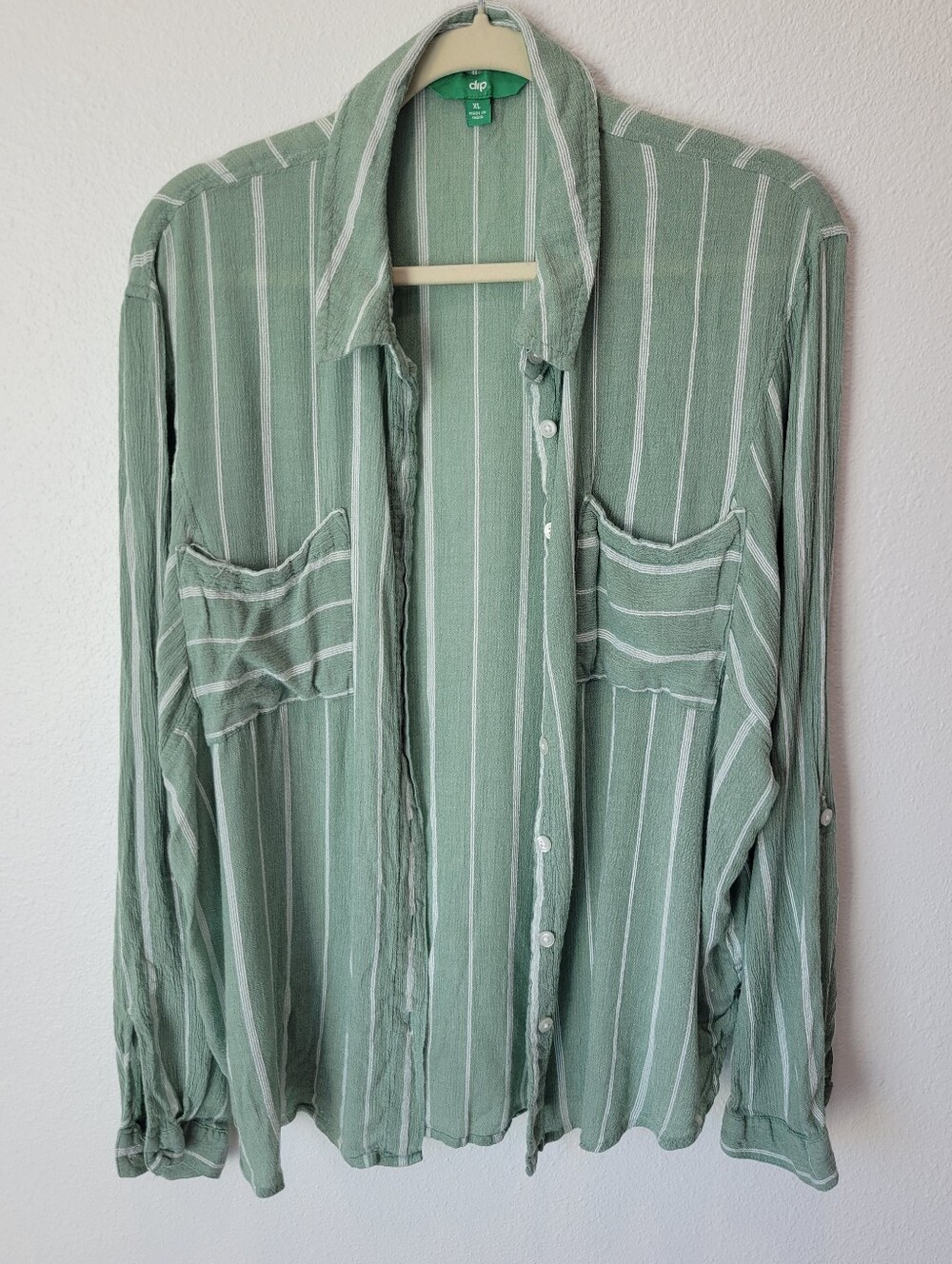 DIP Women XL Light Green & White Striped‎ Lightweight Button Up Roll Tab Sleeve